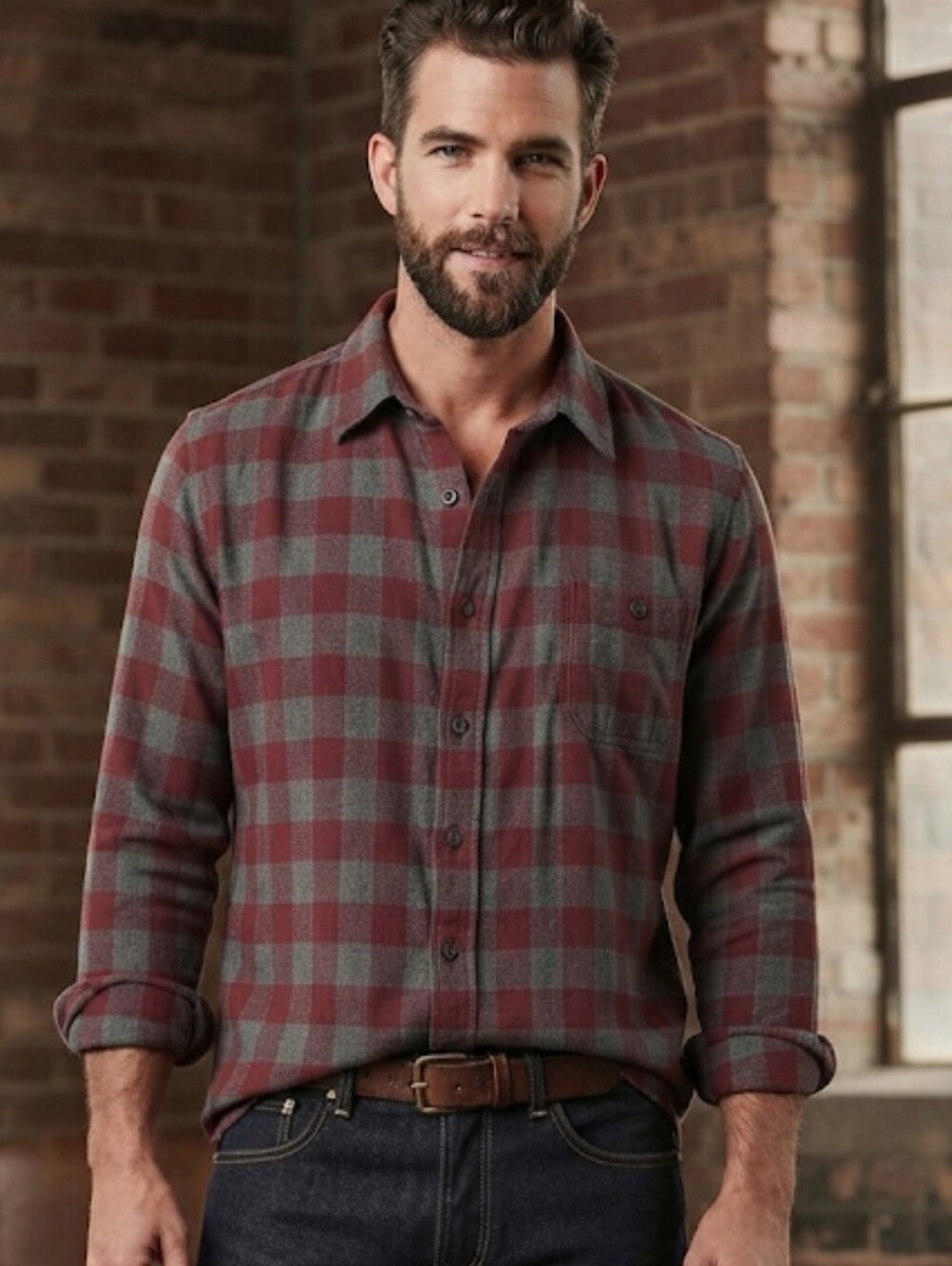 Uniqlo Flannel Shirt Mens Red Gray Check Plaid Cotton Overshirt Size Small